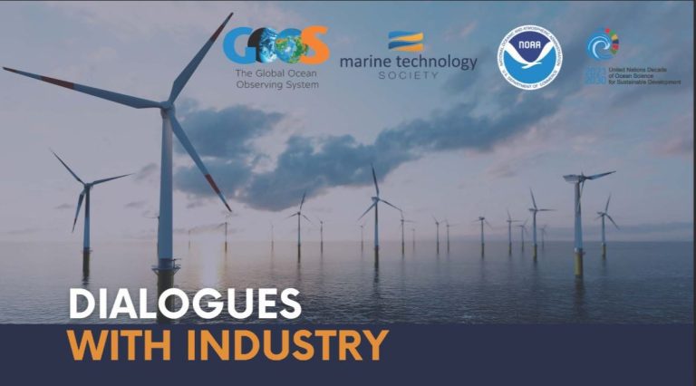 An offshore wind farm with the overlay text "Dialogues with Industry" and the logos for GOOS