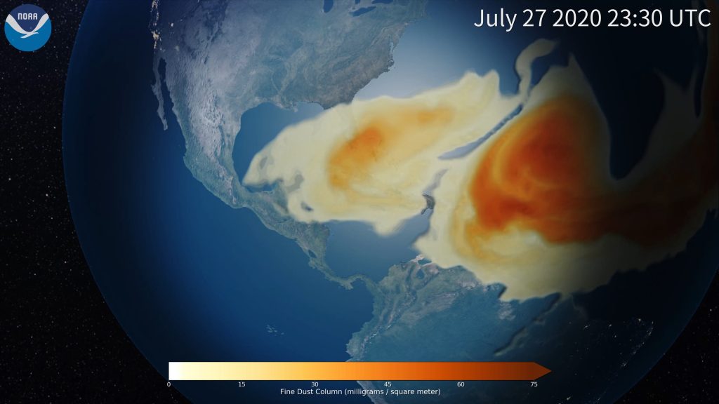 This image captures the output of the FV3-Chem model forecast for the distribution of the Saharan dust cloud for July 28