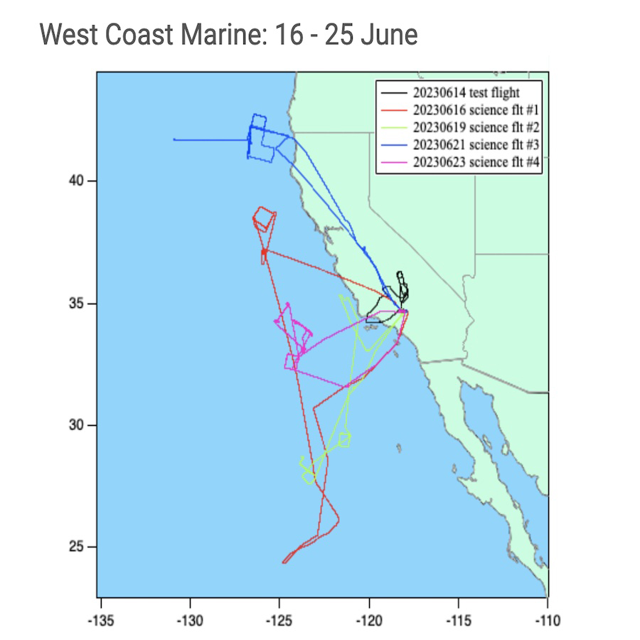 Map of California coastline with plot lines of flights taking part in an aerosol collection study