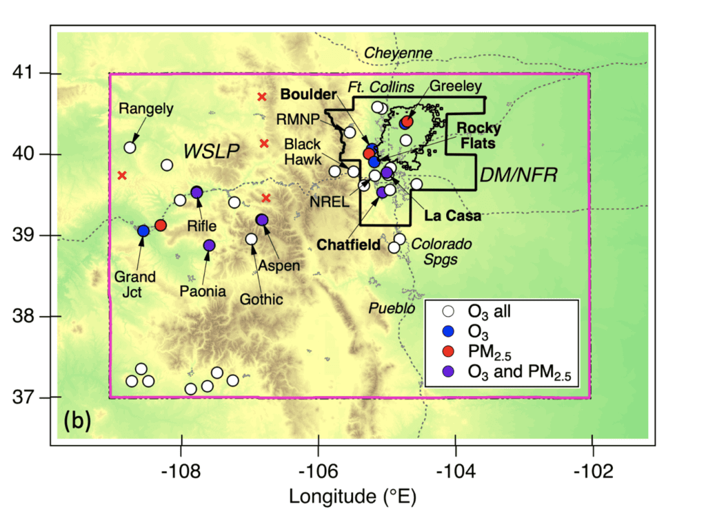 This relief map shows the state of Colorado and the Denver Metro/North Front Range non-attainment area, and the location of ozone and PM 2.5 air quality monitors used in the analysis. The Front Range Urban Corridor extends from Pueblo, Colorado in the south to Cheyenne, Wyoming in the north and includes the Wattenberg Gas Field of the Denver-Julesburg Basin. The red crosses mark the locations of the red crosses mark the locations of four large wildfires during the June-September measurement period. 