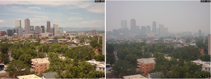 Two side-by-side comparison photos of the Denver skyline taken on July 8, 2021 which is clear and showing white billowy clouds and then a second photo of the same sky on August 7 and the downtown buildings are barely visible through the smoke.