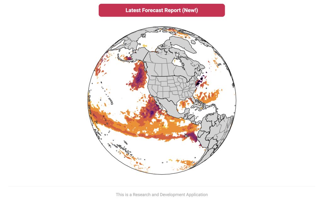 Global map depicting current marine heat wave conditions for June 2023.