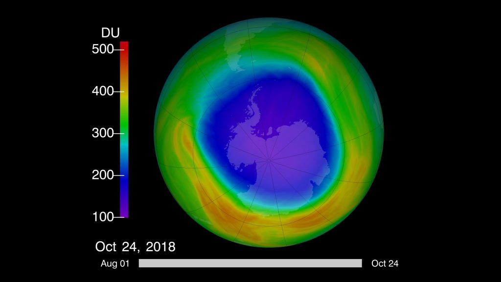 The view of total ozone over the Antarctic pole from October 24, 2018. The purple and blue colors are where there is the least ozone, and the yellows and reds are where there is more ozone. Credit: NASA Ozone Watch