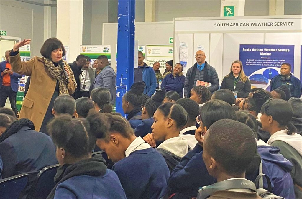 Minister of Forestry, Fisheries and the Environment, South Africa, Ms Barbara Creecy, engaging with students at the SA Agulhas II Open Tour Day