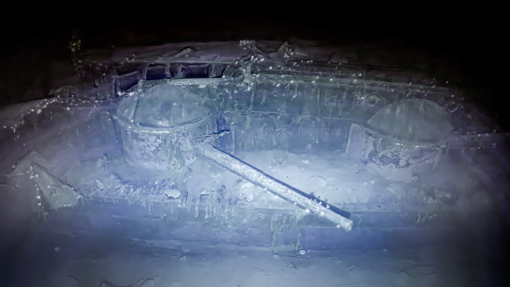 One of the large casemate guns on the lower deck of IJN Kaga. The aircraft carrier had originally been built as a battleship, leaving the vessel with multi-generational technologies. Photo recorded by Ocean Exploration Trust’s ROV Atalanta on September 10, 2023. 
