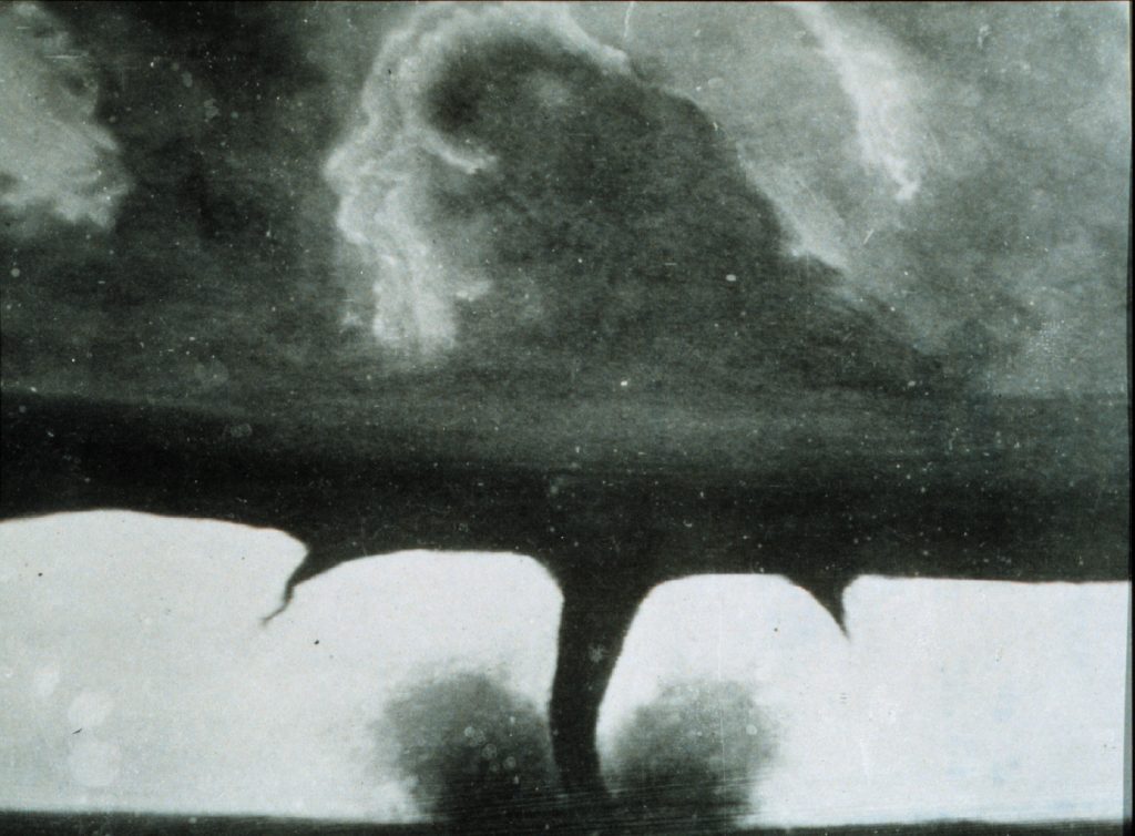 Taken by F. N. Robinson on 28 August 1884 this is one of the earliest photos of a tornado. Although not quite since 1884, for more than 60 years NSSL has been the world leader in studying tornadoes. NSSL discoveries and advances have led to the development of advanced warnings and forecasting systems that are saving lives today. 
