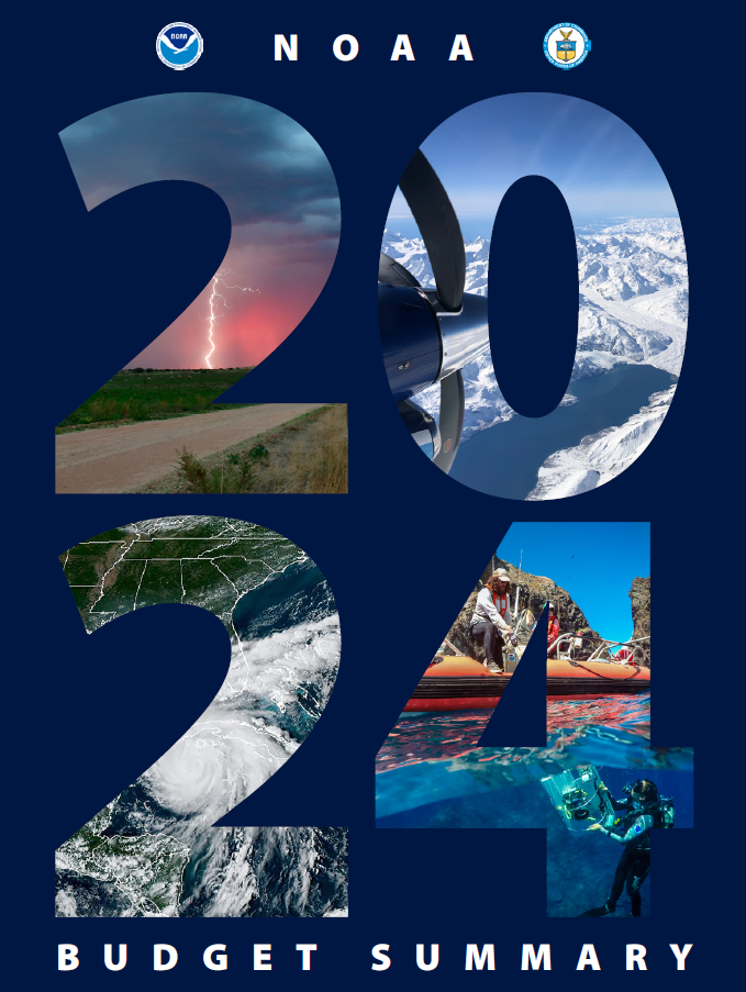 Cover image of the 2024 NOAA Budget Summary, featuring ocean, weather, and climate photos inside the numbers 2024.