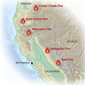 A map of California showing locations of five 2022 wilfires.