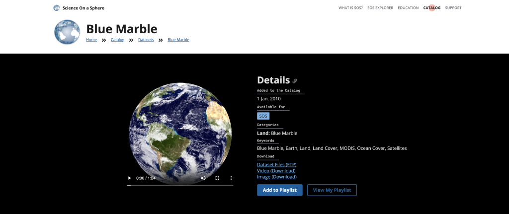 A screen shot showing the SOS Blue Marble dataset metadata.