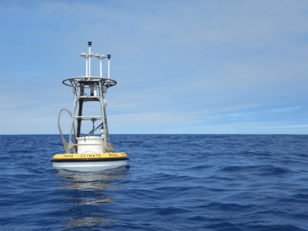 A NOAA Ocean Weather Station Papa mooring floating on the water.