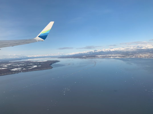 An aerial view of water, land, and mountains from a plane window